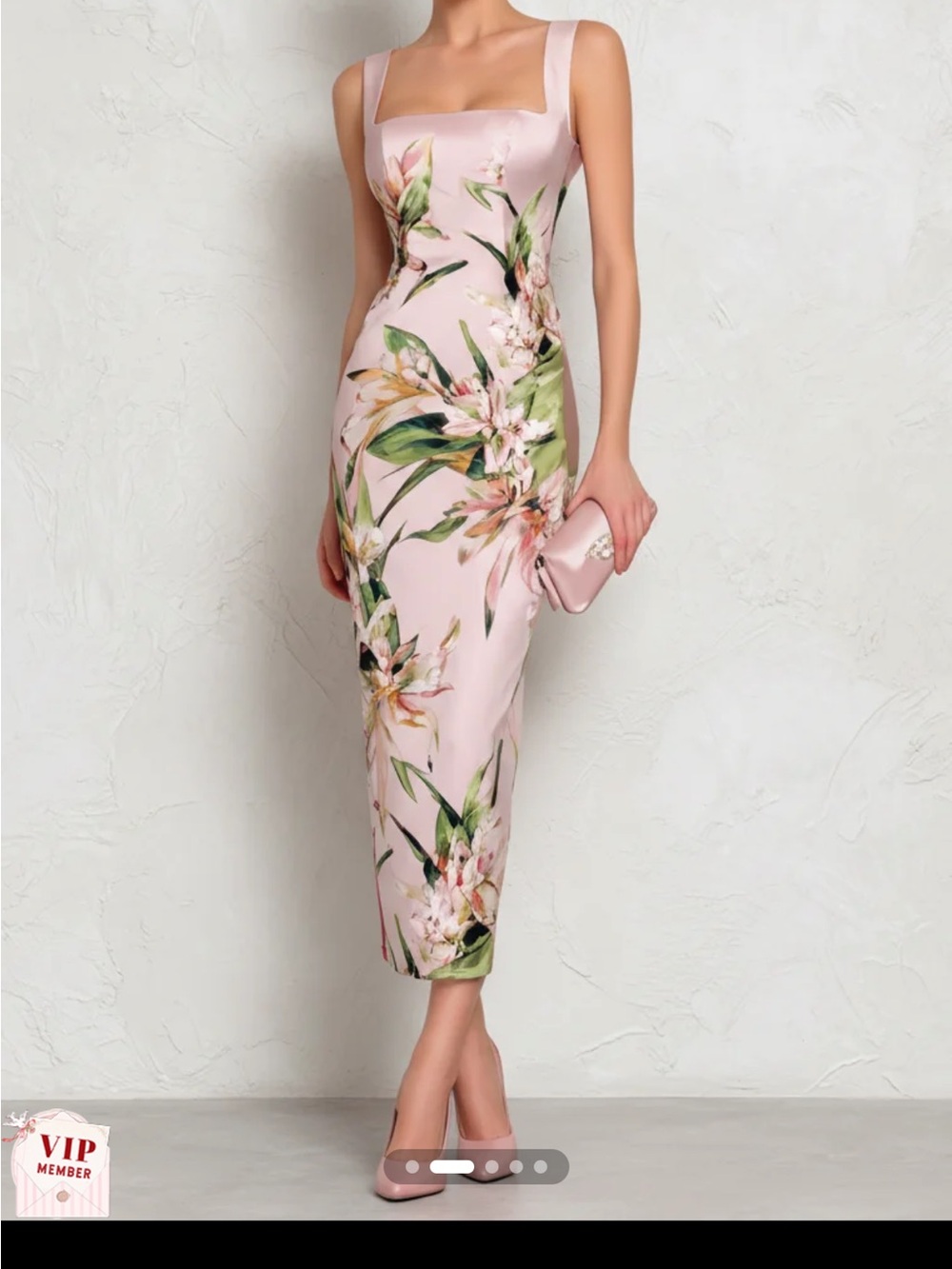 Fehaute Wedding Guest Dress 6 Satin Square-Neck Pink Floral Midi Sheath Dress